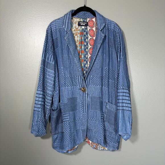 Johnny Was Sashiko Embroidered Patchwork Blazer - Medium - Women's Blue Chambray